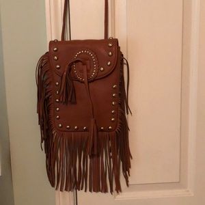 Camel colored shoulder purse with fringe